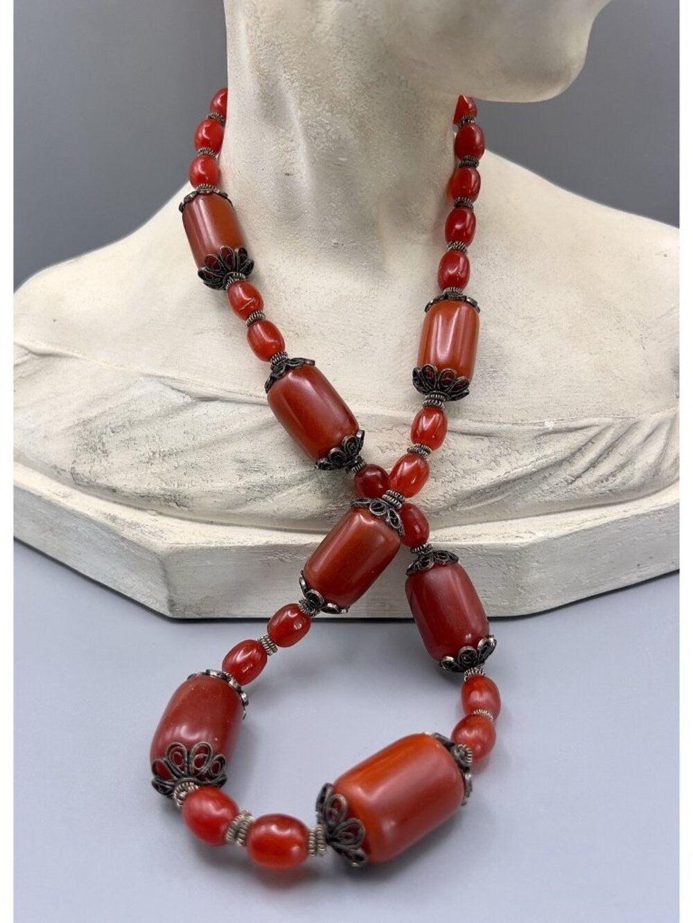 Vintage Tribal Bohemian Necklace Coral Red  Resin Beads Silver Filigree